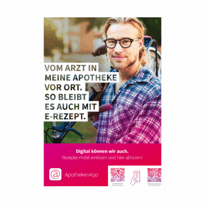 Poster mit Mann und dem Text "Vom Arzt in meine Apotheke vor Ort. So bleibt es auch beim E-Rezept"