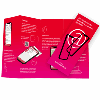Aufgeschlagener 8-seitiger Flyer in Rot zur ApothekenApp