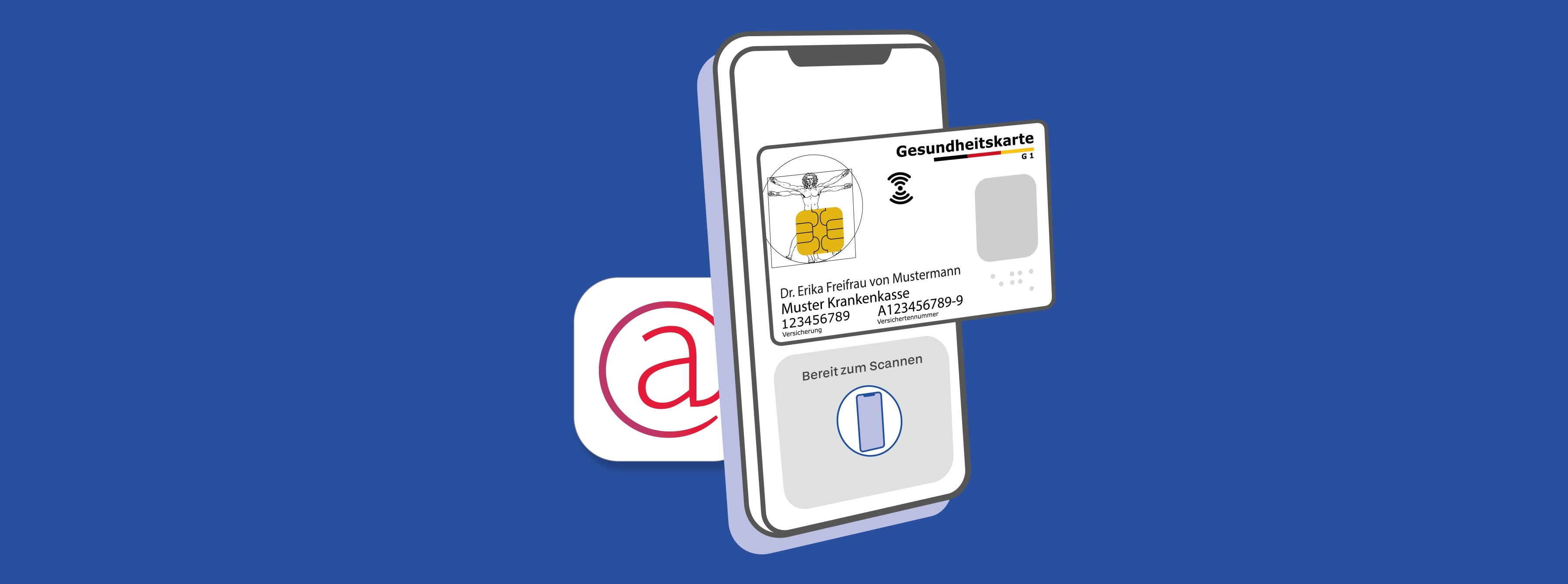 Abbildung eines Smartphones und einer Gesundheitskarte, die eingelesen wird + Appsymbol ApothekenApp