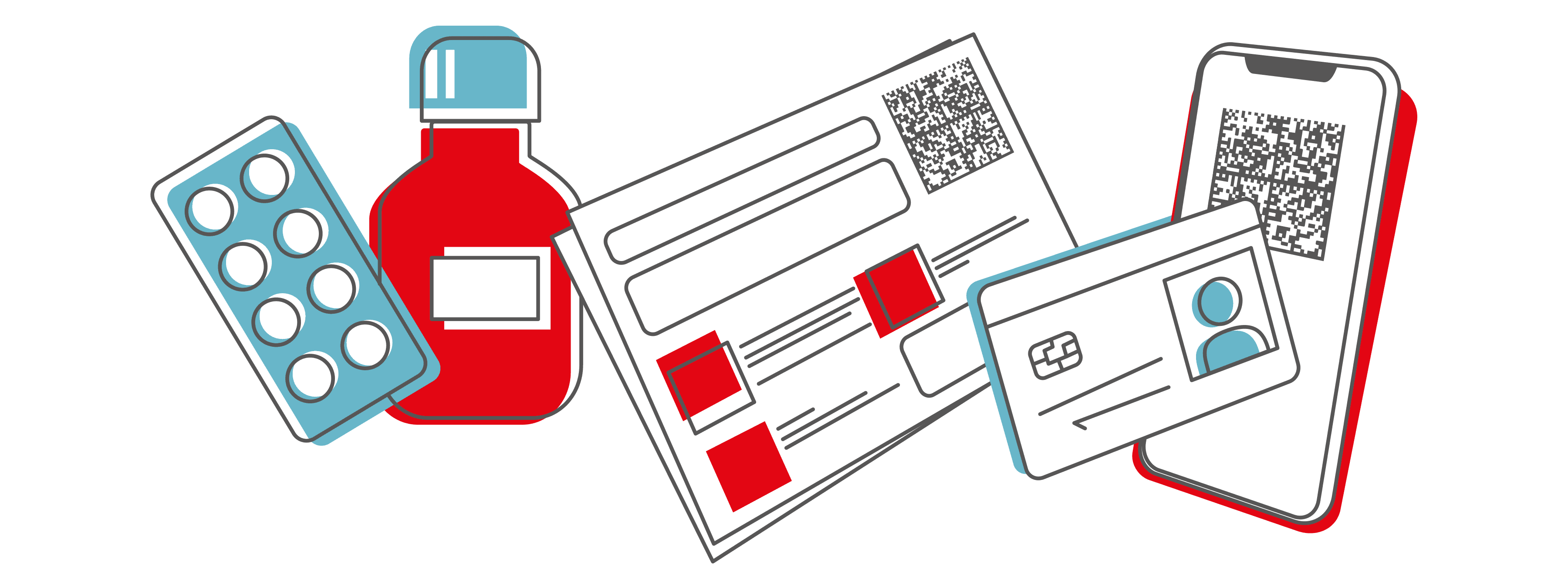 Grafik mit verschiedenen Illustrationen: Pillen, Pillendose, Papierrezept, Gesundheitskarte, Smartphone