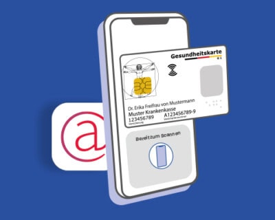 Abbildung eines Smartphones und einer Gesundheitskarte, die eingelesen wird + Appsymbol ApothekenApp