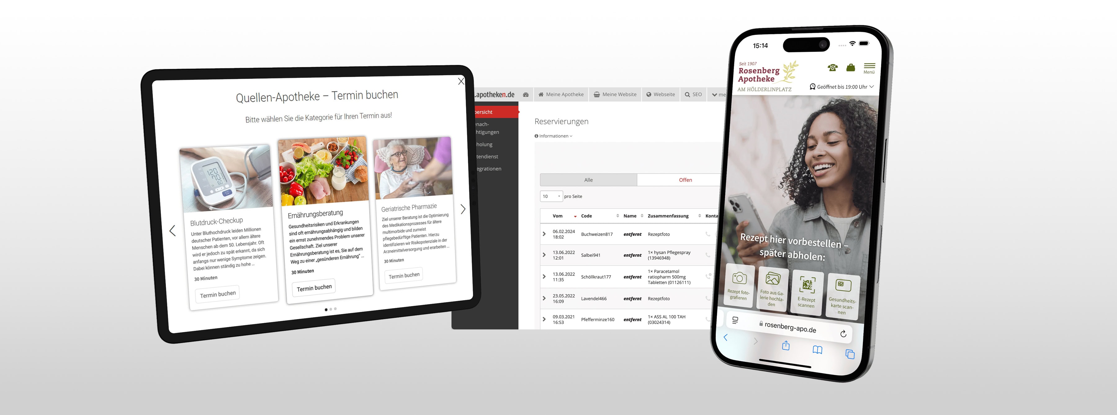 Headerbanner mit silbergrauem Hintergrund, Abbildung eines Tablets, Smartphones und Screenshot des Reservierungs-Backends