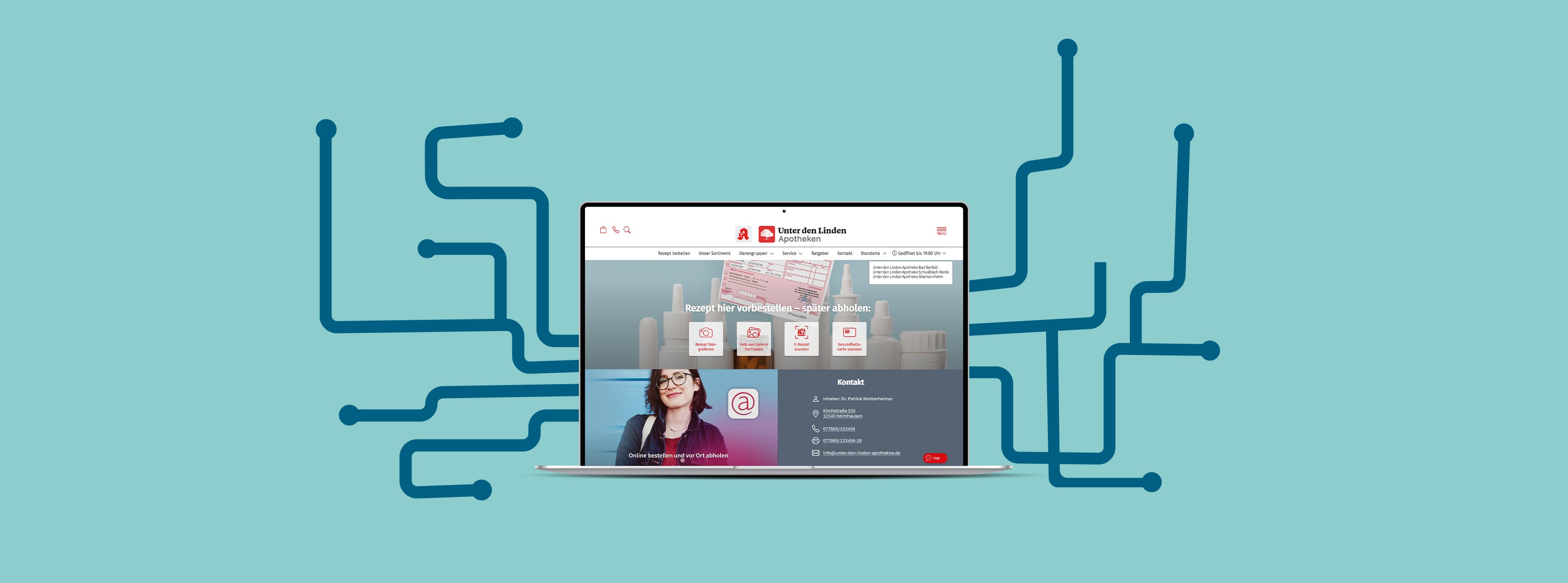 Hellblauer Header mit Abbildung eines Notebooks und Netzwerkartiken Linien