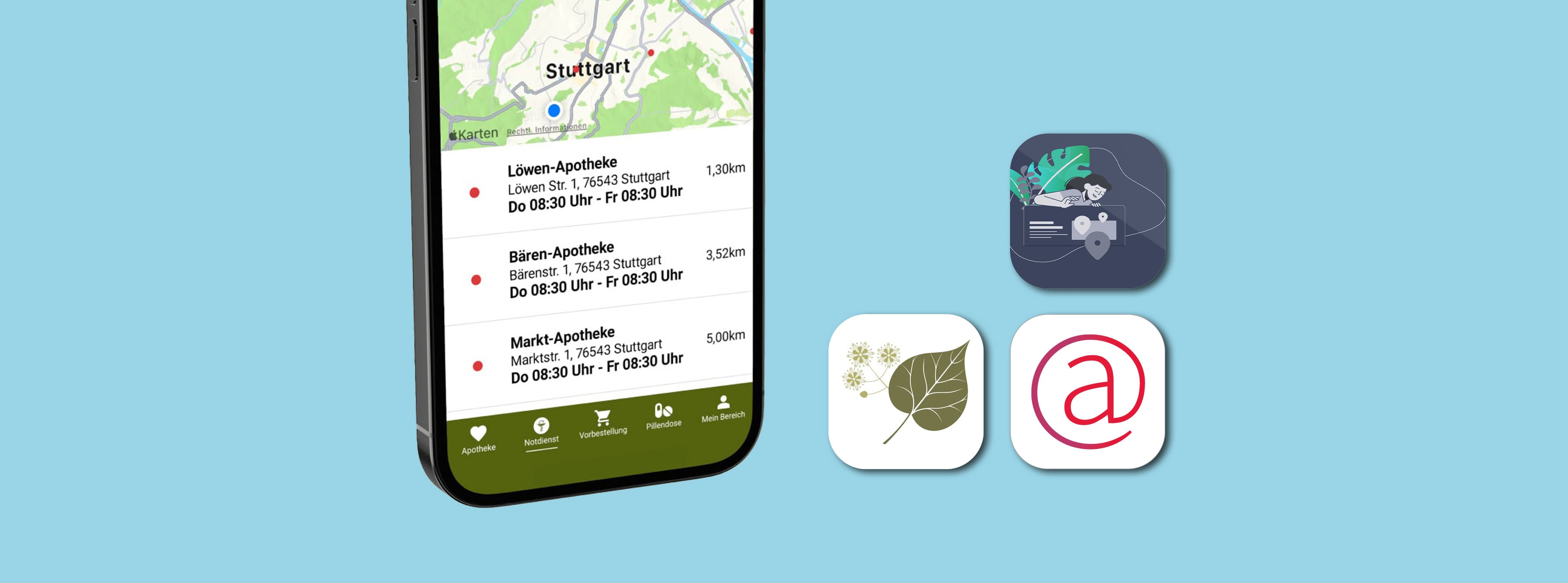 Himmelblauer Headerbanner mit verschiedenen App-Symbolen und einem Smartphone