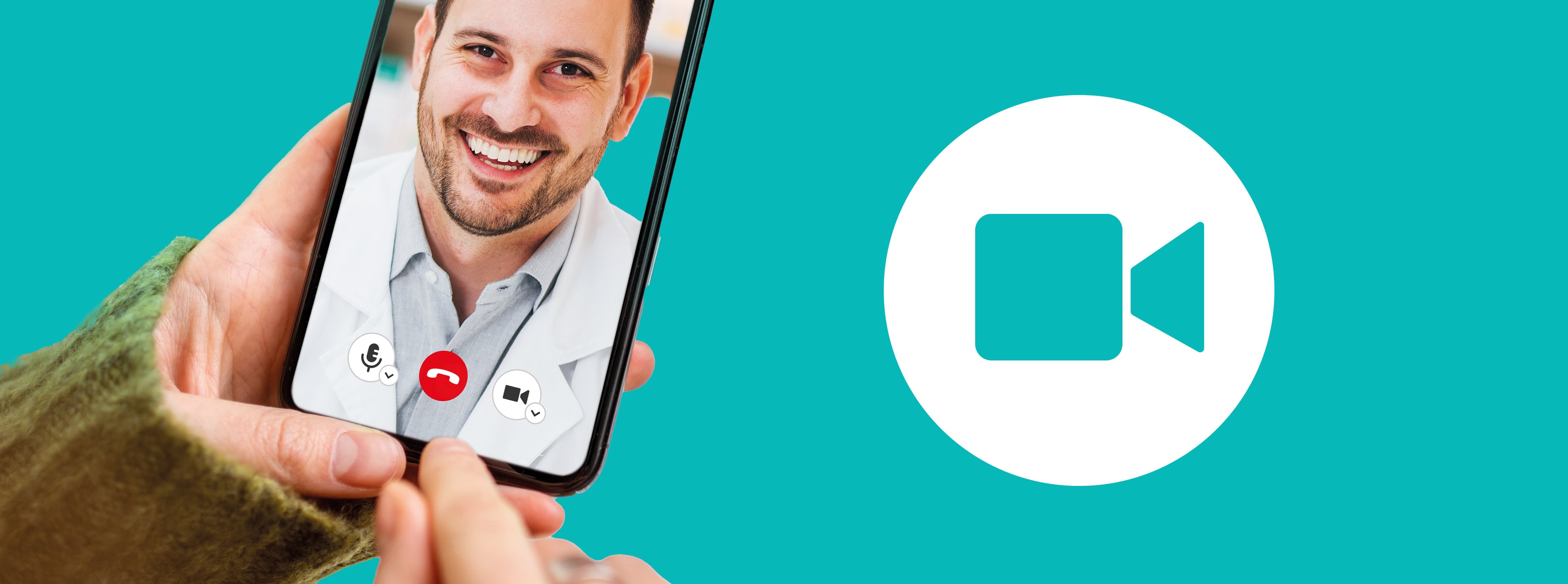 Türkisner Header mit Kamera-Icon und Händen, die ein Smartphone halten. Im Smartphone ist ein Videoanruf mit einem Apotheker zu sehen