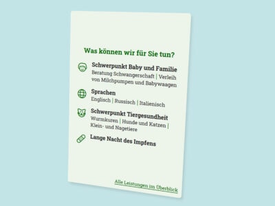 Beratung für Schwangerschaft, Tiergesundheit und Impfungen bei mein.apotheken.de, inklusive Baby- und Hundewagen, Sprachen und Impfberatung.