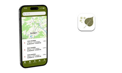 Abbildung eines Smartphones und der geöffneten individuellen App mit einer Übersichtskarte der Notdienste und einem App-Symbol